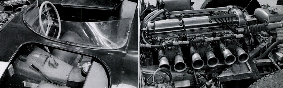 Слева – для усиления жесткости кузова в центральной части были сделаны отдельные вырезы для водителя и теоретического пассажира. Справа – двигатель серии XK.