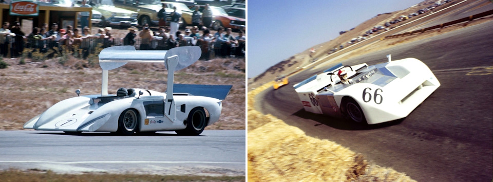 Последние эксперименты Джима Холла в гонках спортпрототипов. Слева – радикальный Chaparral 2H, справа – автомобиль-пылесос Chaparral 2J