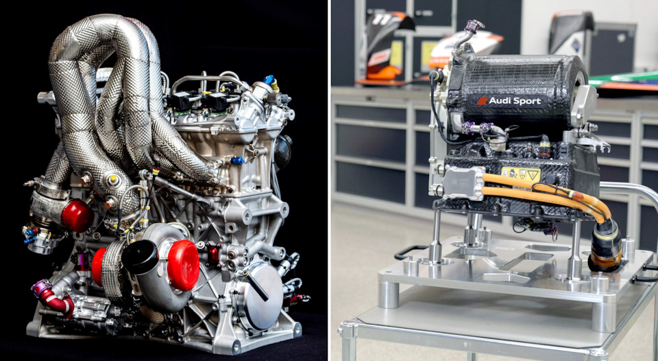 Слева – двигатель Audi RC8 2.0 TFSI от силуэта RS5 DTM; справа – мотор-генераторная установка от болида Формулы-E Audi e-tron FE07.
