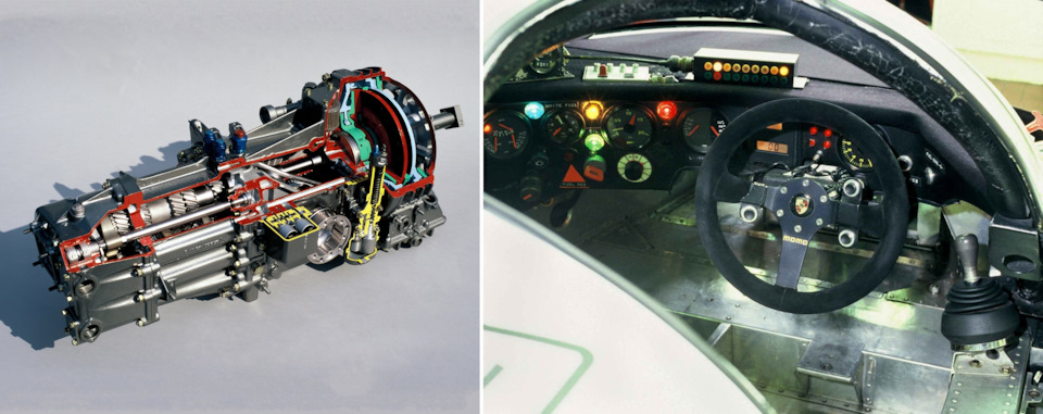 Слева – коробка передач PDK в разрезе; справа – кокпит Porsche 962C, оснащённого PDK, обратите внимание на кнопки на руле.